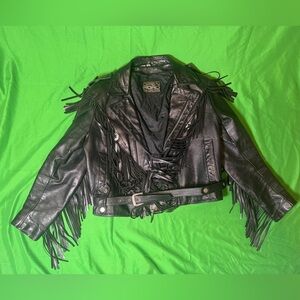 Vintage "Open Road Collection" Fringed Black Leather Biker Jacket - Size 38